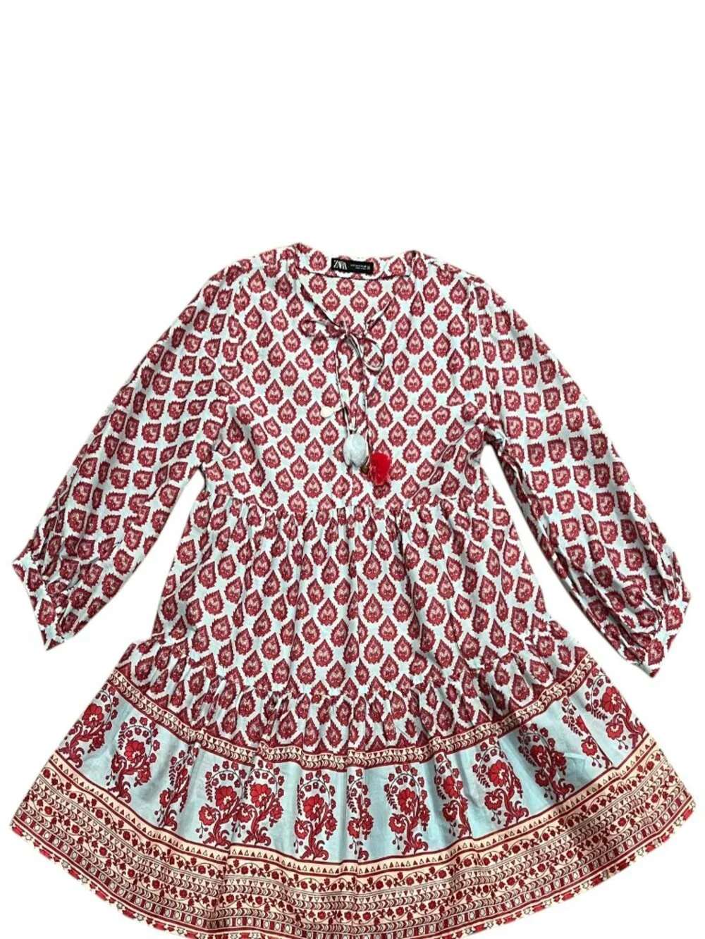 Zara Printed Block Pattern Boho Mini Dress, Blue, Red,